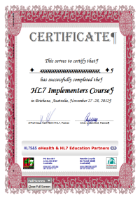 Adelaide HL7 Education Course Certificate