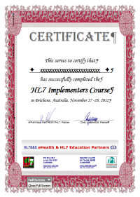 e-Health Education Workshop HL7 Education Course Certificate